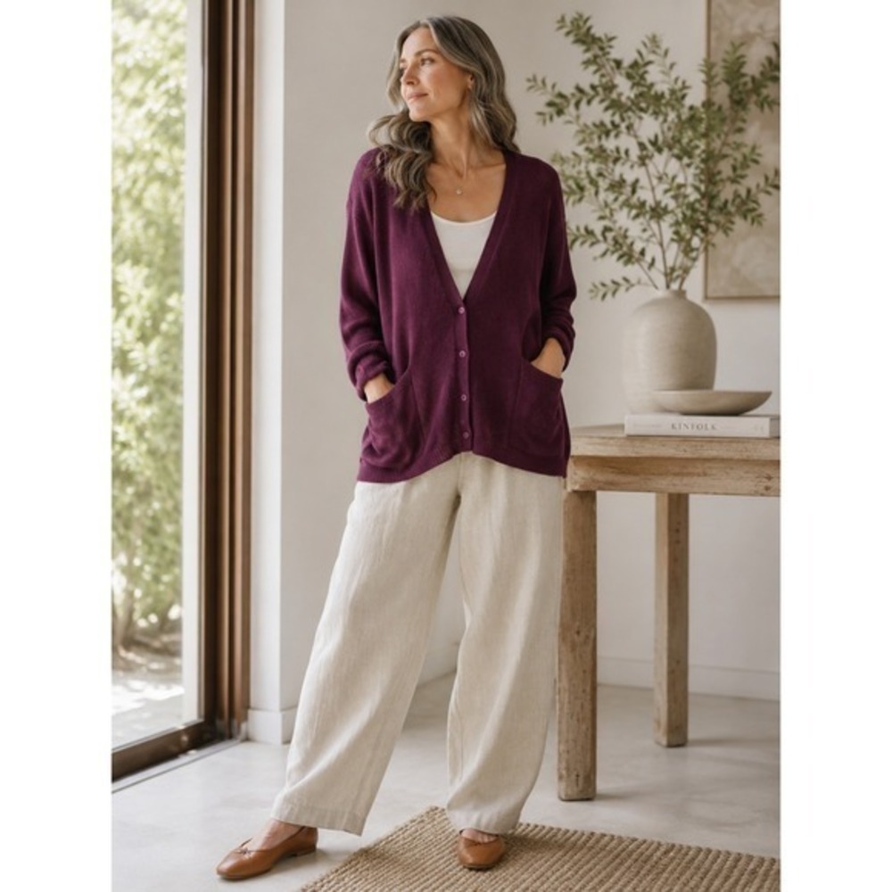 Eileen Fisher Organic Linen Cotton Cardigan Womens L Plum Minimalist Sweater
